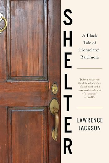 Cover of Shelter: A Black Tale of Homeland, Baltimore, showing a portion of a dark wooden door with brass fittings on a white background